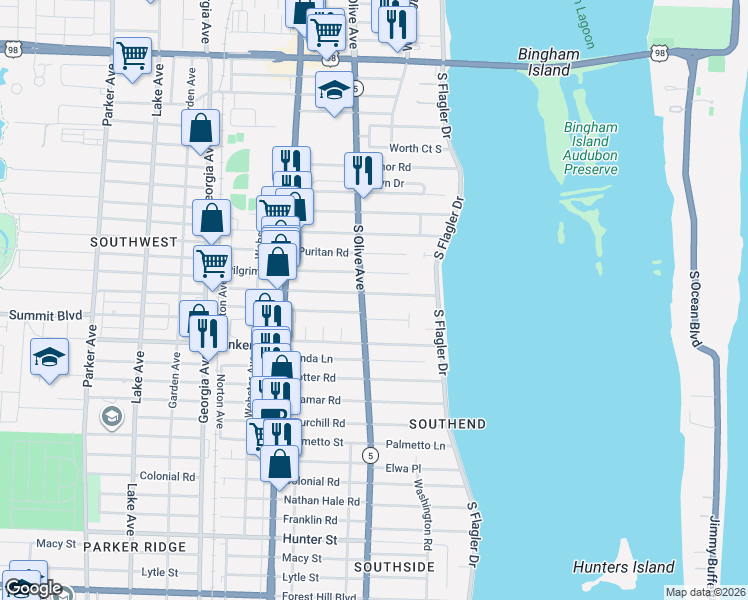 map of restaurants, bars, coffee shops, grocery stores, and more near 257 Plymouth Road in West Palm Beach