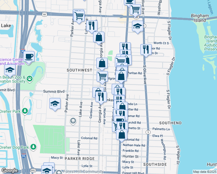 map of restaurants, bars, coffee shops, grocery stores, and more near 533 Plymouth Road in West Palm Beach