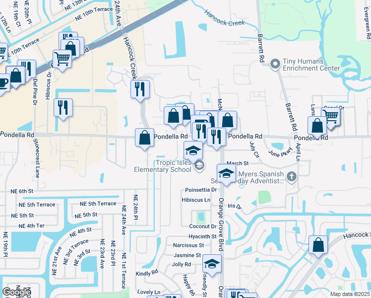 map of restaurants, bars, coffee shops, grocery stores, and more near 977 Pondella Road in North Fort Myers