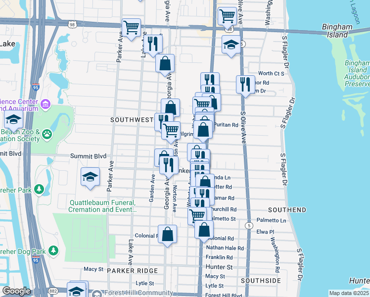 map of restaurants, bars, coffee shops, grocery stores, and more near 515 Putnam Road in West Palm Beach