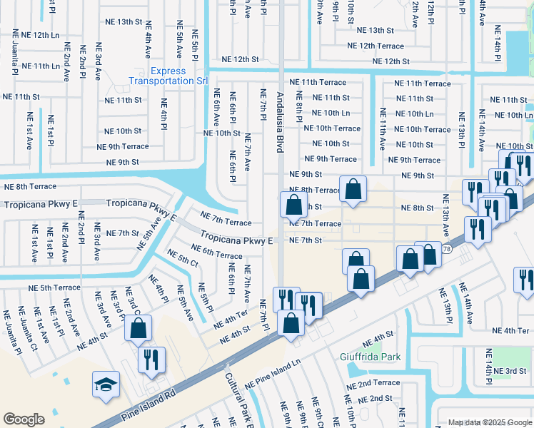 map of restaurants, bars, coffee shops, grocery stores, and more near 741 Northeast 7th Place in Cape Coral