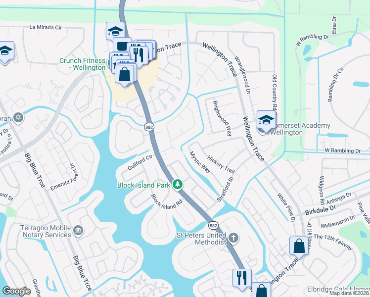 map of restaurants, bars, coffee shops, grocery stores, and more near 950 Hickory Trail in Wellington