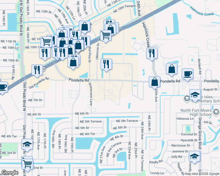 map of restaurants, bars, coffee shops, grocery stores, and more near 1173 Pondella Road in Cape Coral