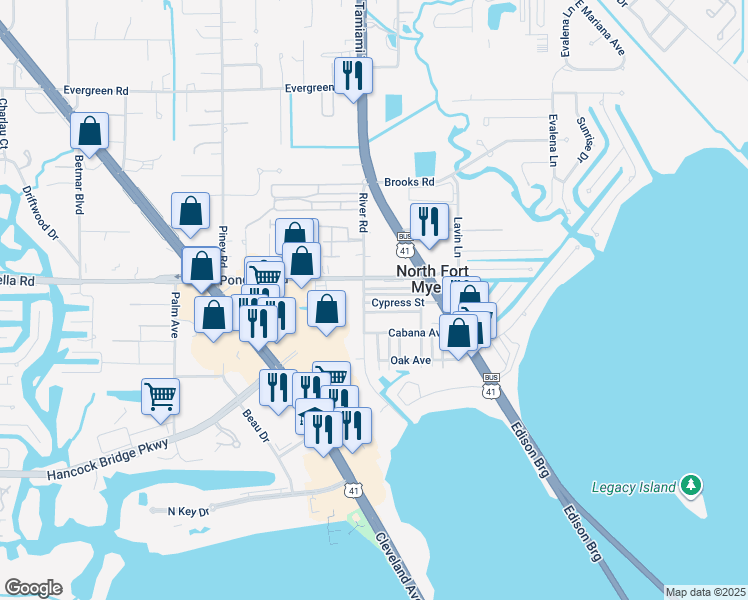 map of restaurants, bars, coffee shops, grocery stores, and more near 54 South Center Drive in North Fort Myers