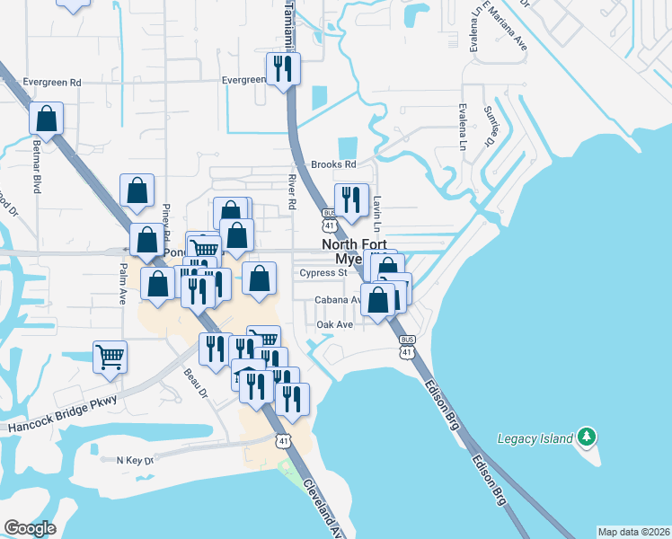 map of restaurants, bars, coffee shops, grocery stores, and more near in North Fort Myers