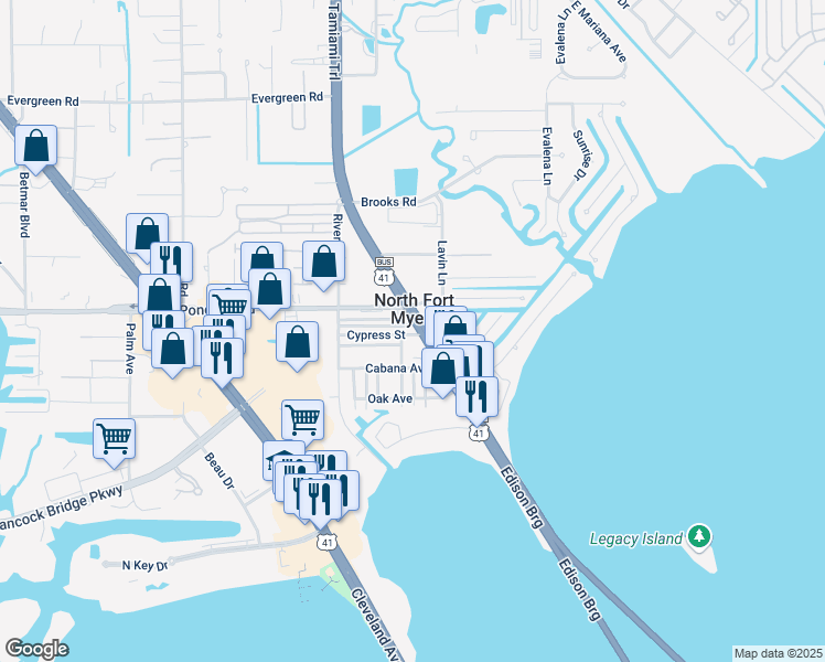 map of restaurants, bars, coffee shops, grocery stores, and more near 12 Cypress Street in North Fort Myers