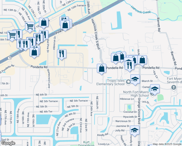 map of restaurants, bars, coffee shops, grocery stores, and more near 1203 Biscayne Drive in Cape Coral