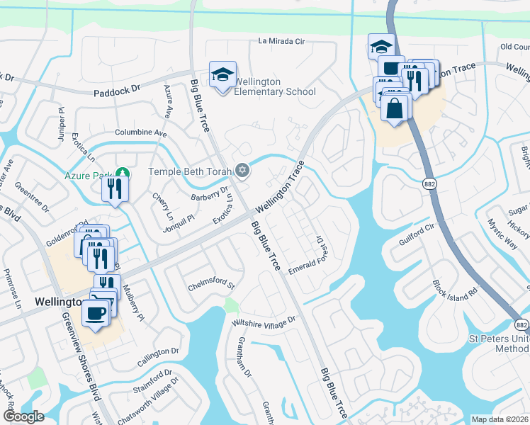 map of restaurants, bars, coffee shops, grocery stores, and more near 1568 Lake Breeze Drive in Wellington
