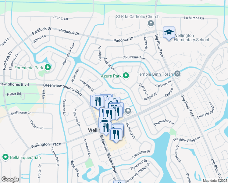 map of restaurants, bars, coffee shops, grocery stores, and more near 1047 Goldenrod Road in Wellington
