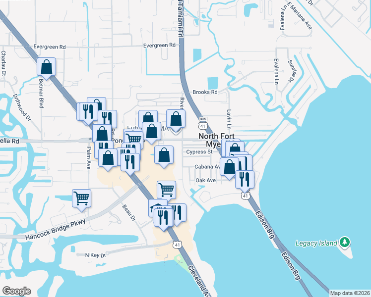 map of restaurants, bars, coffee shops, grocery stores, and more near 40 South Drive in North Fort Myers
