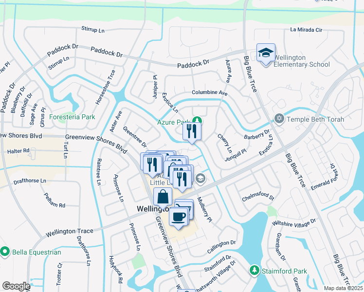 map of restaurants, bars, coffee shops, grocery stores, and more near 1047 Goldenrod Road in Wellington