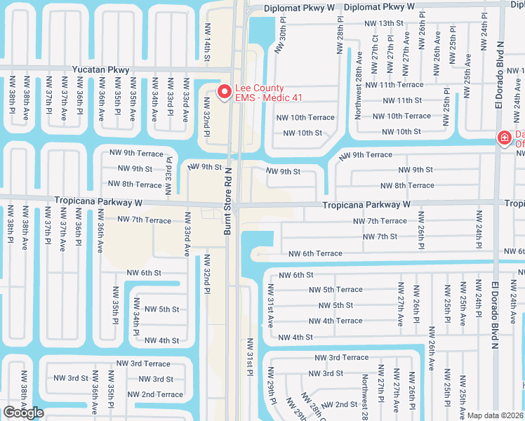 map of restaurants, bars, coffee shops, grocery stores, and more near 3018 Tropicana Parkway West in Cape Coral