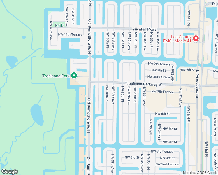 map of restaurants, bars, coffee shops, grocery stores, and more near 735 Northwest 38th Place in Cape Coral