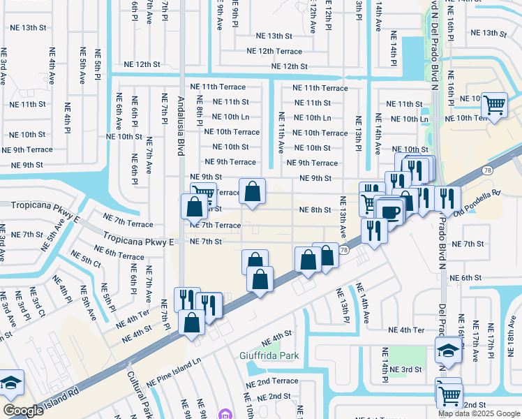 map of restaurants, bars, coffee shops, grocery stores, and more near 1009 Northeast 8th Street in Cape Coral