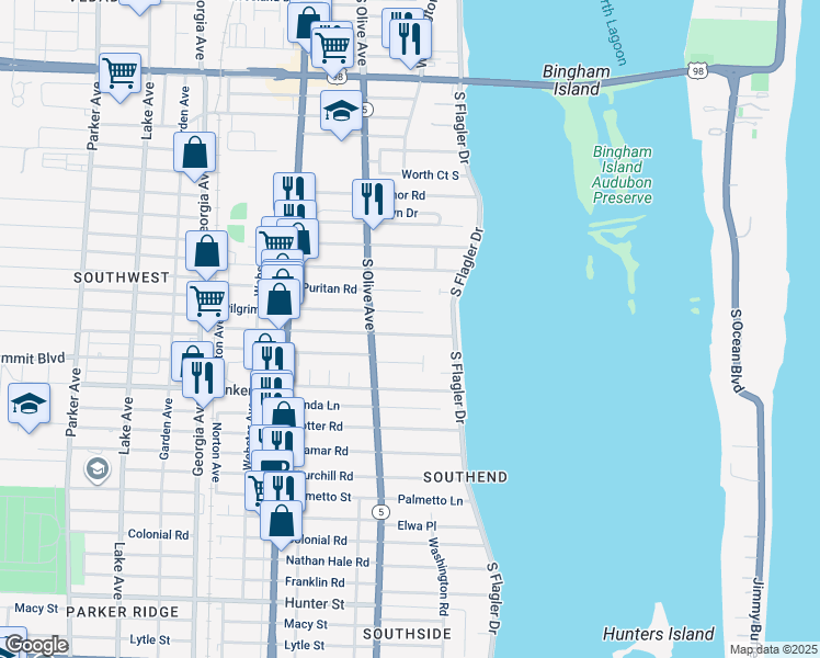 map of restaurants, bars, coffee shops, grocery stores, and more near 225 Plymouth Road in West Palm Beach