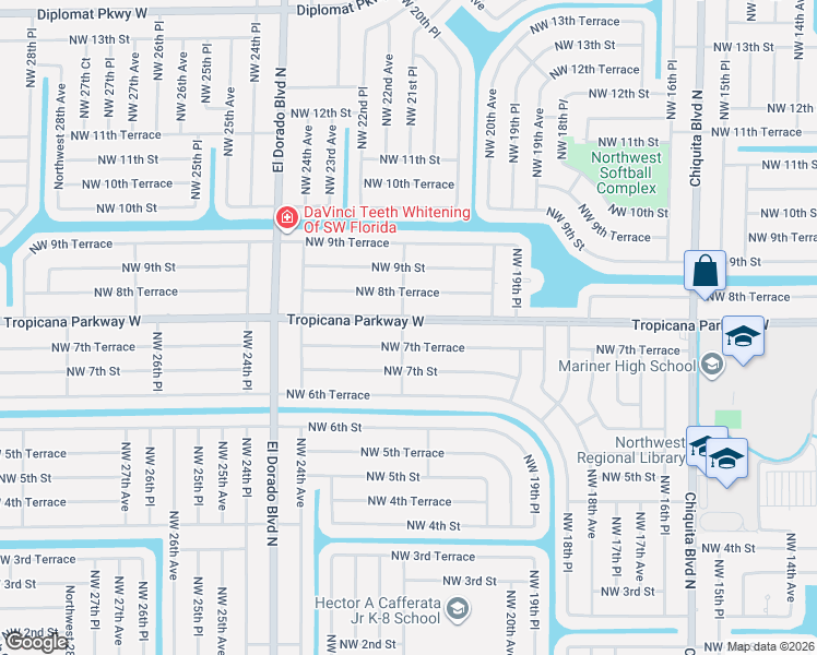 map of restaurants, bars, coffee shops, grocery stores, and more near 2110 Tropicana Parkway West in Cape Coral