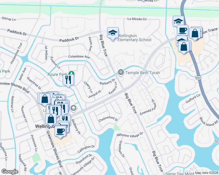 map of restaurants, bars, coffee shops, grocery stores, and more near 13472 Hyacinth Court in Wellington