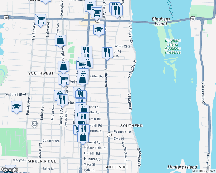map of restaurants, bars, coffee shops, grocery stores, and more near 257 Plymouth Road in West Palm Beach