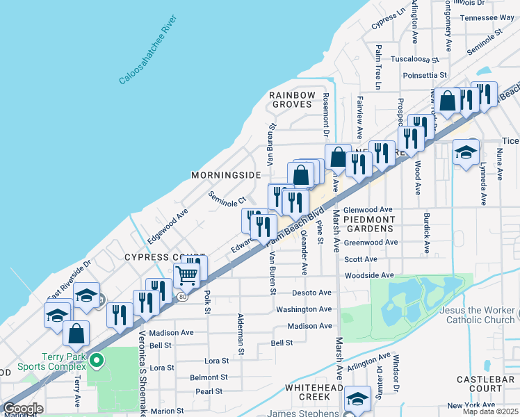 map of restaurants, bars, coffee shops, grocery stores, and more near 50 Seminole Court in Fort Myers