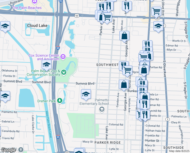 map of restaurants, bars, coffee shops, grocery stores, and more near 905 Hansen Street in West Palm Beach