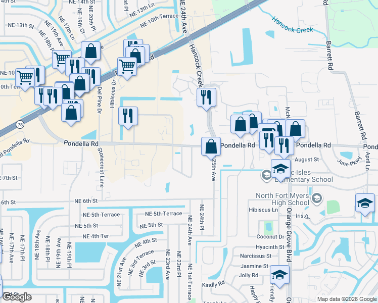 map of restaurants, bars, coffee shops, grocery stores, and more near 1215 Biscayne Drive in Cape Coral