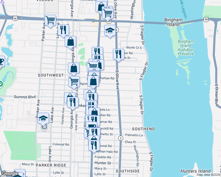 map of restaurants, bars, coffee shops, grocery stores, and more near 335 Plymouth Road in West Palm Beach