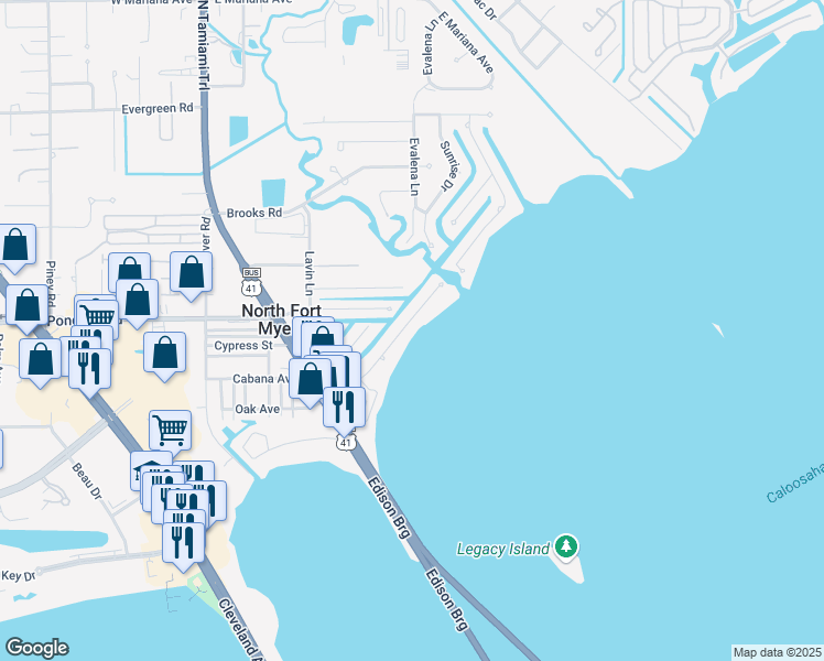 map of restaurants, bars, coffee shops, grocery stores, and more near 107 East North Shore Avenue in North Fort Myers