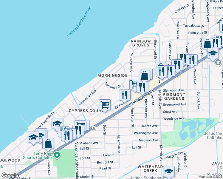 map of restaurants, bars, coffee shops, grocery stores, and more near 20 Seminole Court in Fort Myers