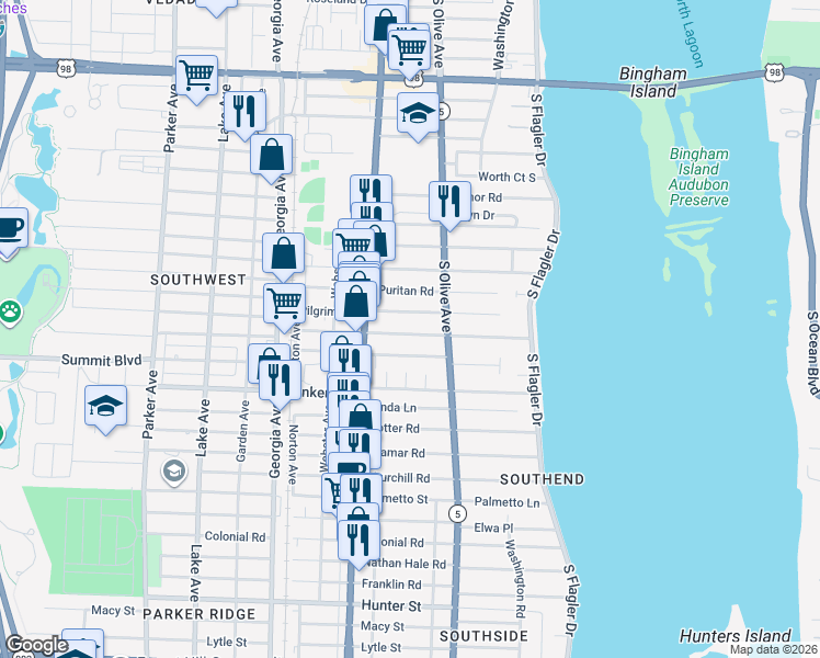 map of restaurants, bars, coffee shops, grocery stores, and more near 335 Plymouth Road in West Palm Beach