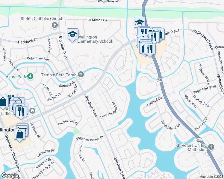 map of restaurants, bars, coffee shops, grocery stores, and more near 13092 Quiet Woods Road in Wellington