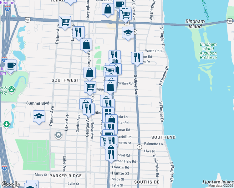 map of restaurants, bars, coffee shops, grocery stores, and more near 375 Plymouth Road in West Palm Beach