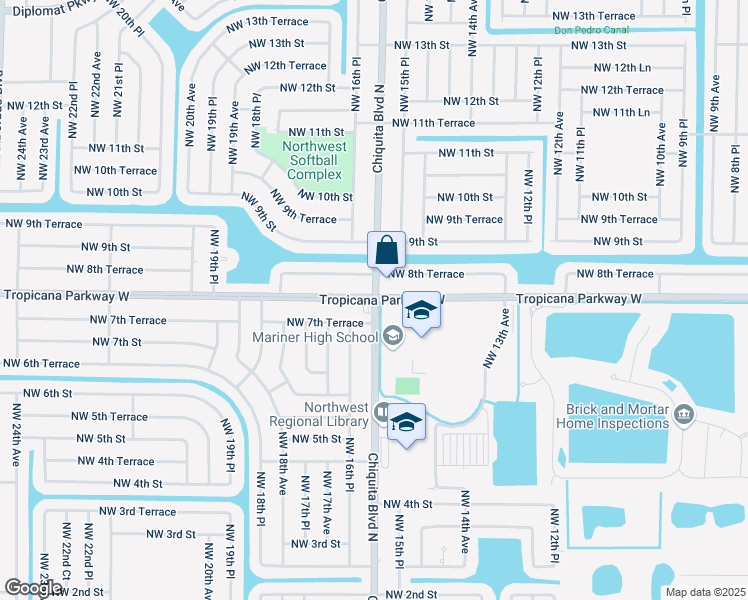 map of restaurants, bars, coffee shops, grocery stores, and more near Chiquita Blvd & Tropicana Pkwy W in Cape Coral