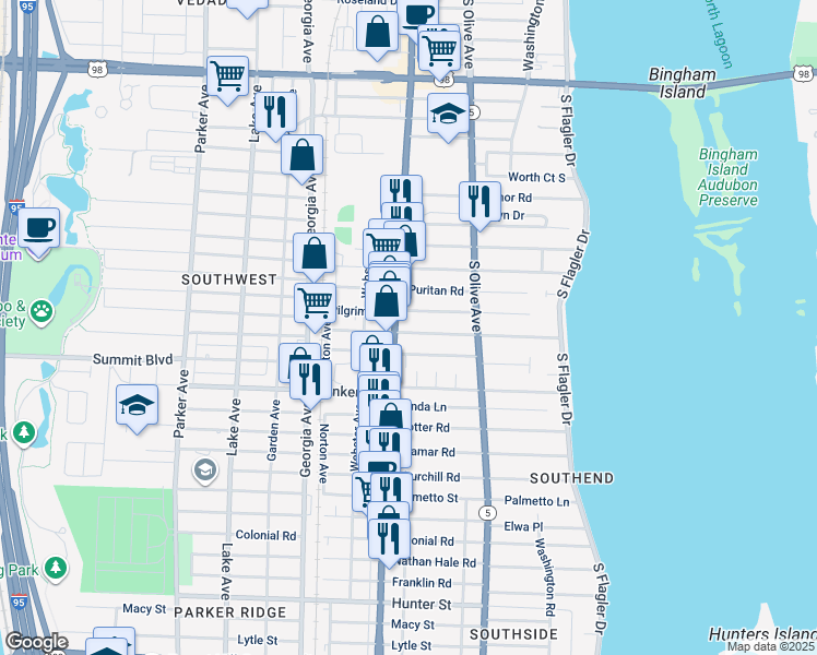 map of restaurants, bars, coffee shops, grocery stores, and more near 5100 South Dixie Highway in West Palm Beach