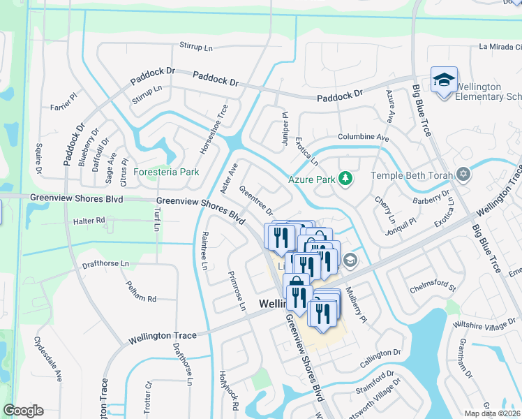 map of restaurants, bars, coffee shops, grocery stores, and more near 14096 Greentree Drive in Wellington