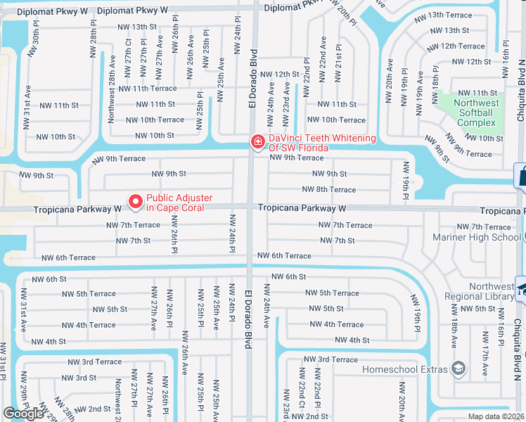 map of restaurants, bars, coffee shops, grocery stores, and more near 724 Northwest 24th Avenue in Cape Coral