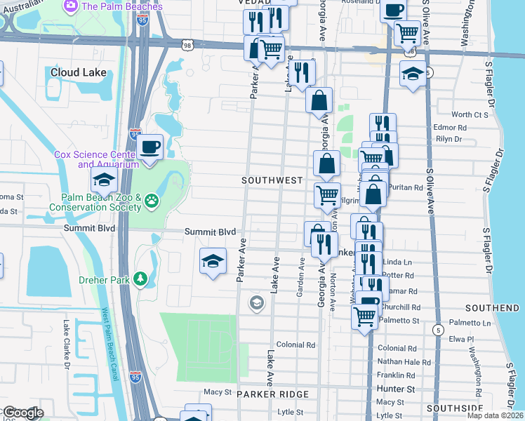 map of restaurants, bars, coffee shops, grocery stores, and more near 825 Hansen Street in West Palm Beach