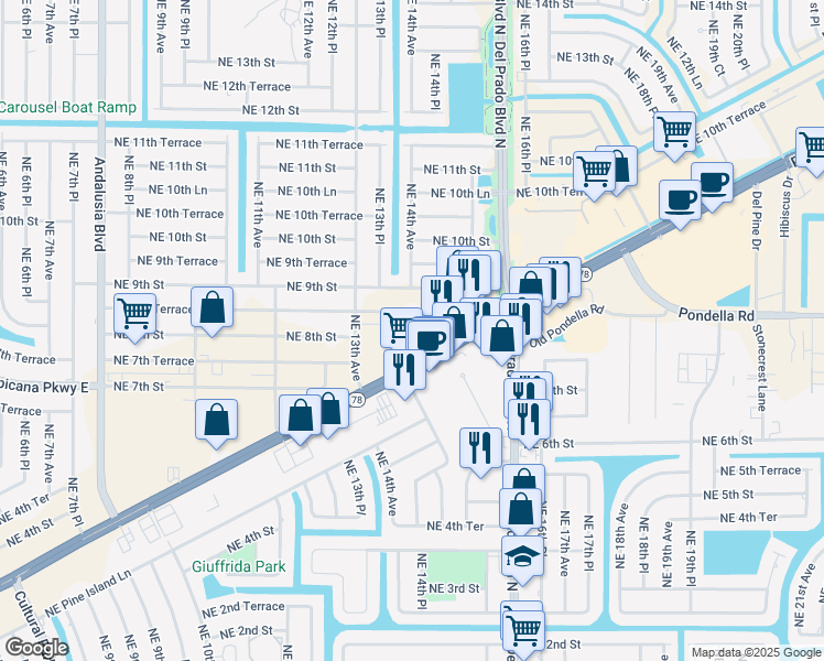 map of restaurants, bars, coffee shops, grocery stores, and more near 1401 Northeast 8th Street in Cape Coral
