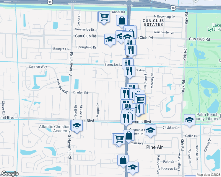 map of restaurants, bars, coffee shops, grocery stores, and more near 730 Arnold Drive in West Palm Beach