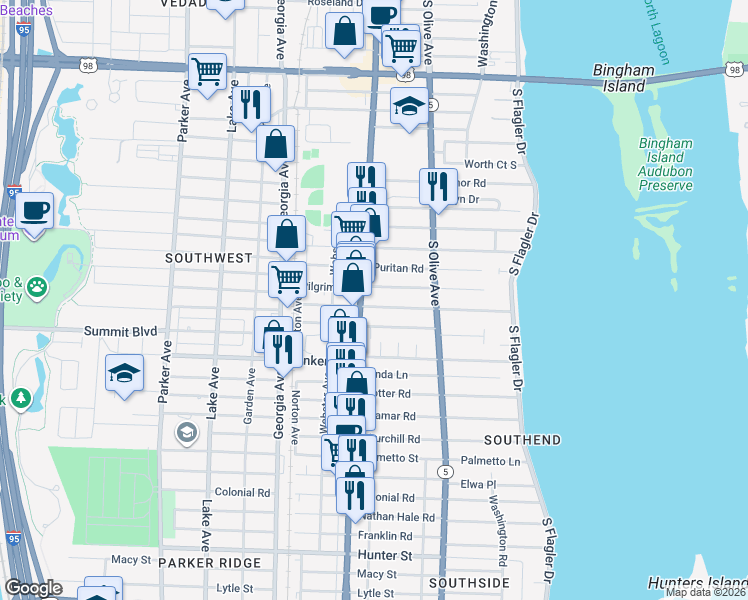 map of restaurants, bars, coffee shops, grocery stores, and more near 5100 South Dixie Highway in West Palm Beach