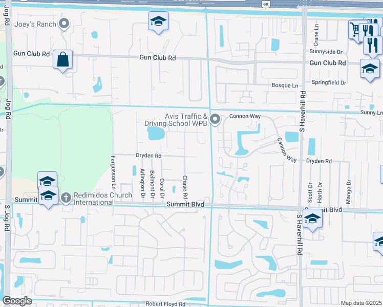 map of restaurants, bars, coffee shops, grocery stores, and more near 5585 Dryden Road in West Palm Beach
