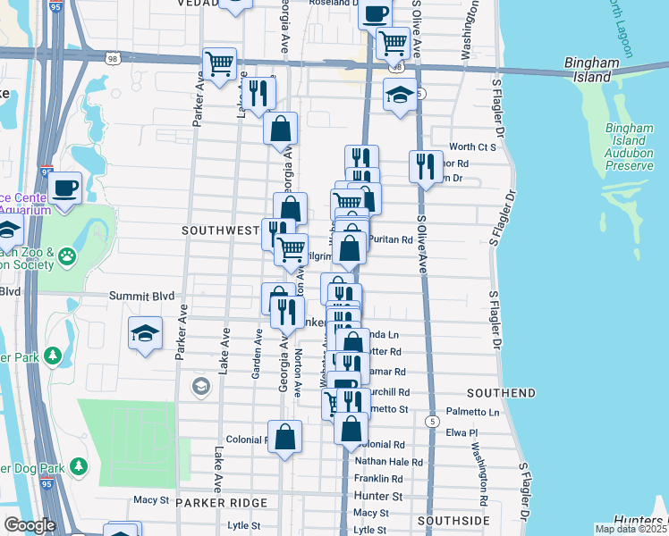 map of restaurants, bars, coffee shops, grocery stores, and more near 433 Plymouth Road in West Palm Beach