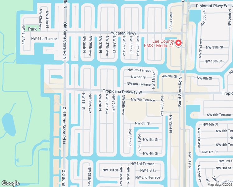 map of restaurants, bars, coffee shops, grocery stores, and more near 3604 Tropicana Parkway West in Cape Coral