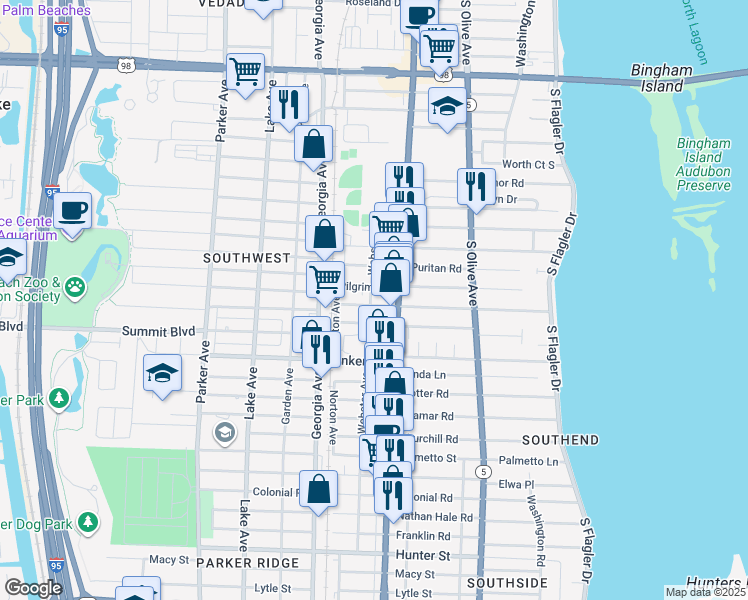 map of restaurants, bars, coffee shops, grocery stores, and more near 433 Plymouth Road in West Palm Beach