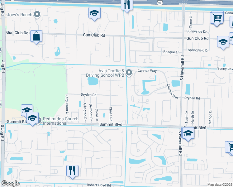 map of restaurants, bars, coffee shops, grocery stores, and more near 5585 Dryden Road in West Palm Beach