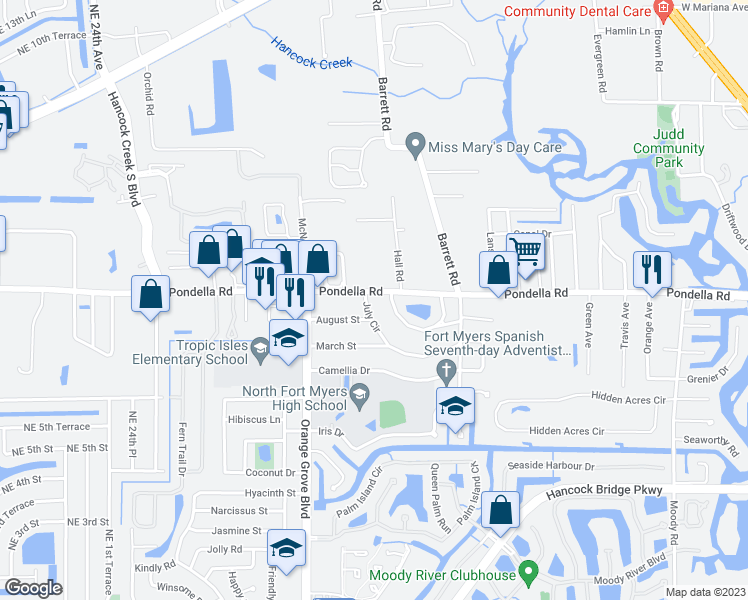 map of restaurants, bars, coffee shops, grocery stores, and more near 791 Pondella Road in North Fort Myers