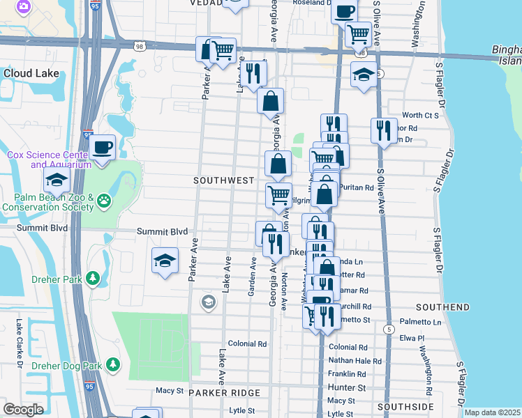 map of restaurants, bars, coffee shops, grocery stores, and more near 5204 Garden Avenue in West Palm Beach