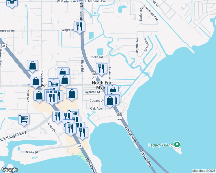 map of restaurants, bars, coffee shops, grocery stores, and more near 1279 Lavin Lane in North Fort Myers