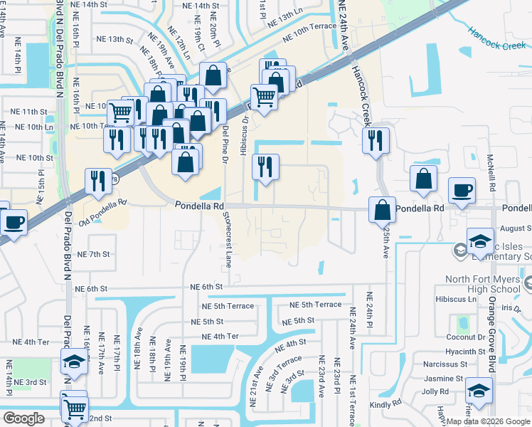 map of restaurants, bars, coffee shops, grocery stores, and more near 1173 Pondella Road in Cape Coral