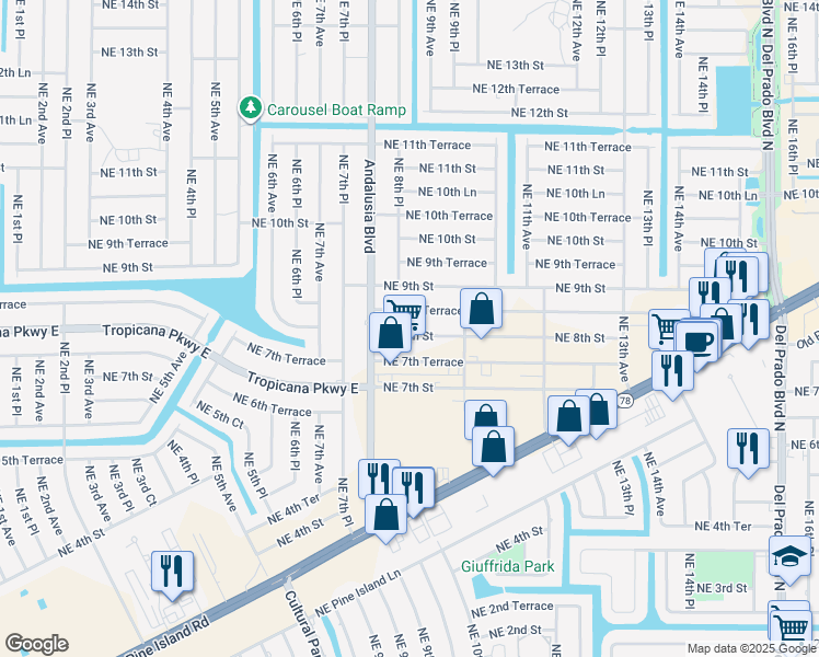 map of restaurants, bars, coffee shops, grocery stores, and more near 821 Northeast 8th Street in Cape Coral