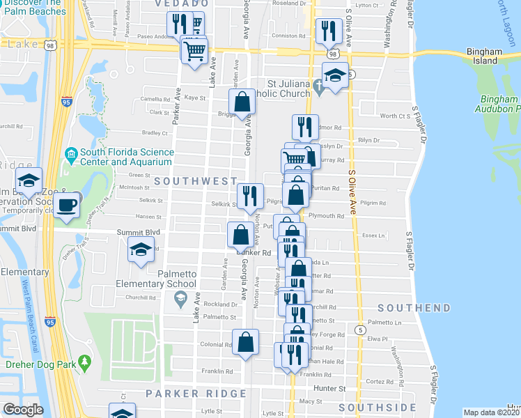 map of restaurants, bars, coffee shops, grocery stores, and more near 533 Plymouth Road in West Palm Beach